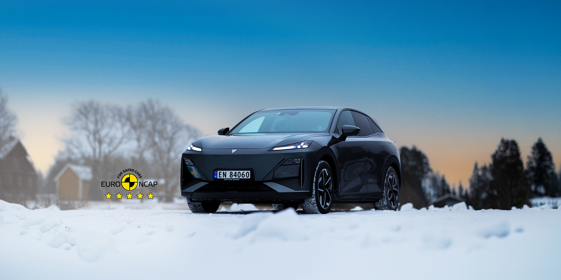 Foto: Changan Deepal S07 i fargen sort, i norsk vinterlandskap.